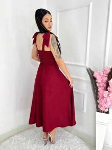 Luxury Solid Dune Wave Midi Dress With Bow On The Sleeve - 紅木色 - 查看 2