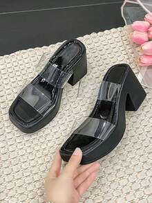 2024 新款透明扣厚底粗跟女式凉鞋，夏季 - 黑色 - 查看 2