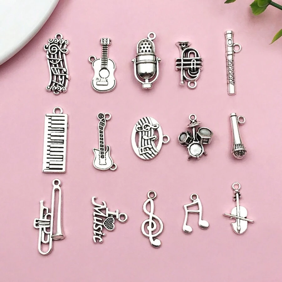 10/15pcs Mixed Styles Musical Instrument Charms  Music Sign Microphone Guitar Charms Artist Charms For Jewelry Making Bulk - One Size Fits All - View 1