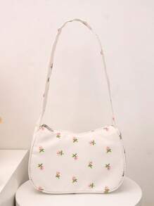 Floral Print Underarm Bag, New Spring/Summer Fashion Shoulder Bag, Versatile Handbag - White - View 1