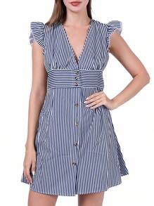 Vestido Corto De Verano Con Mangas Y Rayas De Mariposa - Azul - Ver 2