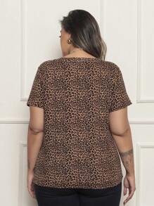 Plus Size Women's Short Sleeve Blouse Comfortable Fabric Comes With Gift Necklace - 鏽棕色 - 查看 3