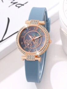 5pcs Set: Fashionable Butterfly Design Women's PU Leather Quartz Watch, Butterfly Charm Bracelet, Butterfly Pendant Necklace