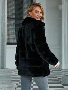 Eilly Bazar Plus Size Fluffy Collar Ruched Coat, For Winter - Black - View 2