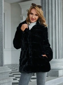 Eilly Bazar Plus Size Fluffy Collar Ruched Coat, For Winter - Black - View 4