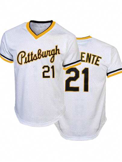 Herr #21 vit & svart Pittsburgh broderad basebolltröja, lös V-ringad kortärmad vintagetröja för sportkläder lämplig för street hiphop, baseboll, golfträning