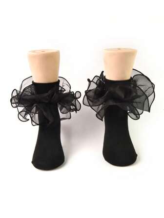 1 双儿童女孩褶皱蕾丝边袜子，公主婴儿/幼儿/大童踝袜