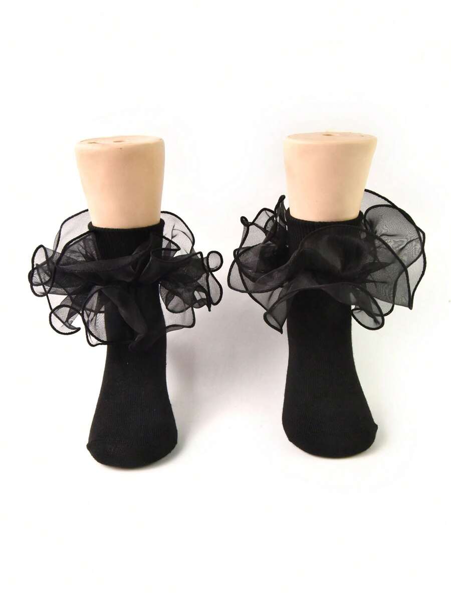 1 Pair Children Girls Ruched Lace Trim Socks, Princess Infant/Toddler/Big Kid Ankle Socks - Black - View 1