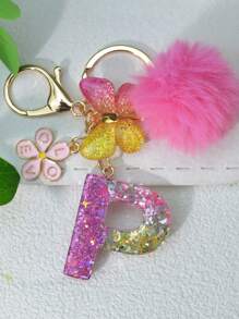 1 件字母树脂雪花钥匙扣，女士适用，蝴蝶流苏装饰包袋吊坠，礼品汽车配件包袋饰品学校可爱哥特 Y2k 包袋挂绳带身份证夹汽车配件包袋饰品圣诞节 - 玫紅毛球 - 查看 24
