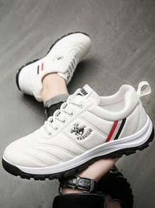 Zapatillas de tenis casuales para hombres, suela antideslizante de color sólido con cordones Zapatillas para correr en pareja - Blanco - Ver 1