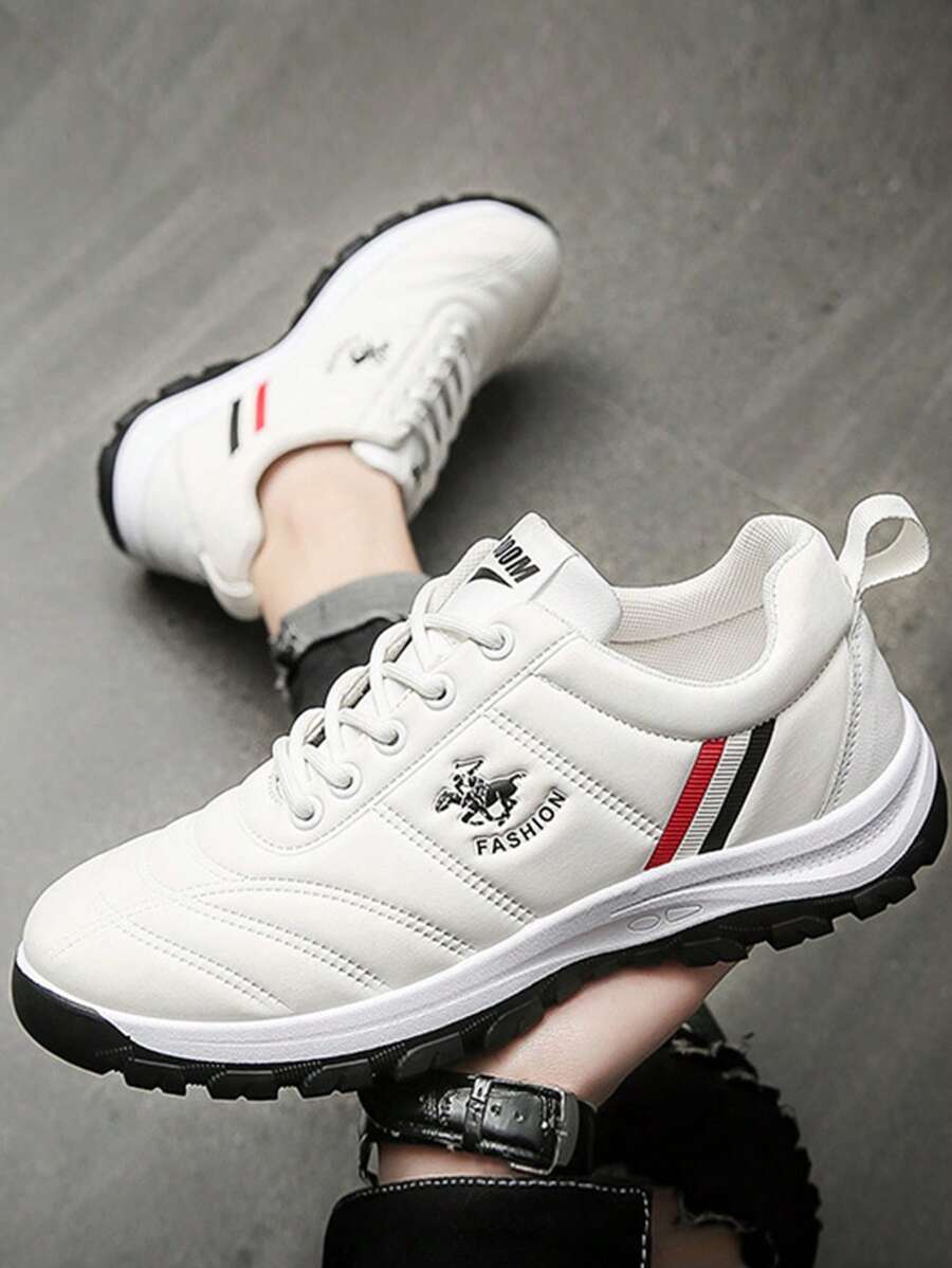 Zapatillas de tenis casuales para hombres, suela antideslizante de color sólido con cordones Zapatillas para correr en pareja - Blanco - Ver 1