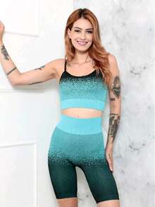 YOGA SET FASHION FITNESS SEAMLESS GRADE SHORT AND TOP - 淺藍色 - 查看 4