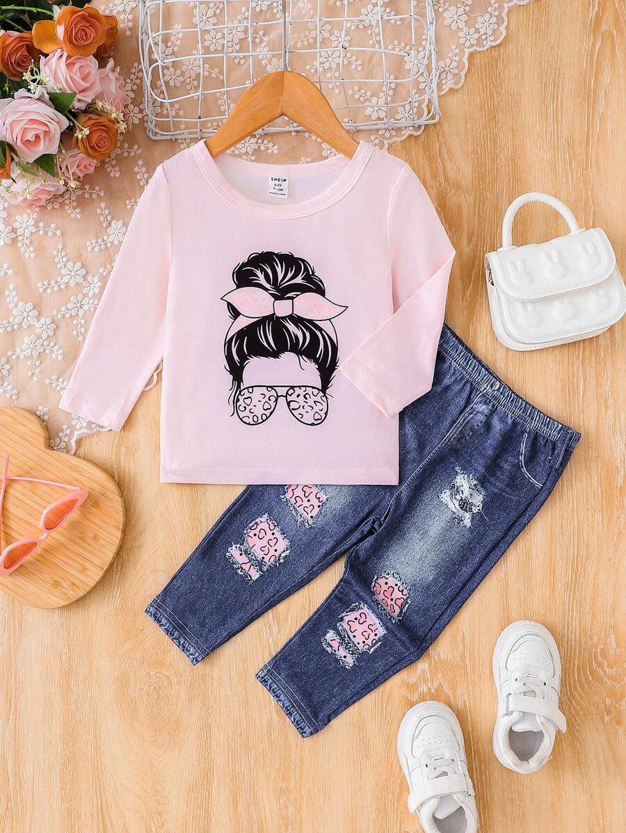 2pcs Baby Girl European Style Printed Long Sleeve Top And Distressed Denim Effect Pants Set, Autumn/Winter