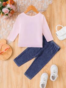 2pcs Baby Girl European Style Printed Long Sleeve Top And Distressed Denim Effect Pants Set, Autumn/Winter