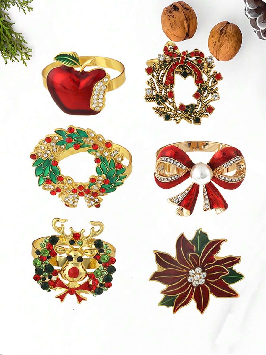 2/4 Stück Servietten Ringe in Weihnachtsdesign, Tischdekoration Weihnachten Servietten Clips, Weihnachtskränze, Äpfel, Hirschköpfe, Weihnachtsblumen, Schleifen Servietten Ringe, Heimdekoration, Weihnachts-Dekoration, Party Zubehör