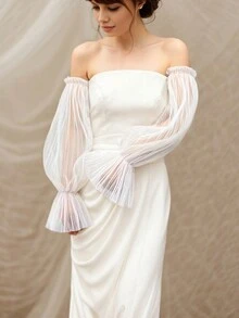 1pc White Mesh Puff Sleeve Midi Length Bride Decorative Sleeve Cuff With Elastic Ruched - Multicolor - View 7