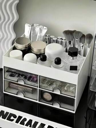 1pc Transparent Cosmetics Storage Box, Stationery Container, Desktop Storage Drawer Units, Large Capacity Jewelry Storage Rack, Dressing Table Organizer, Suitable For Facial, Mask, Lipstick, Makeup Brush, Skin Care, Pen, Home Decor, Room Decor, Bathroom Accessories