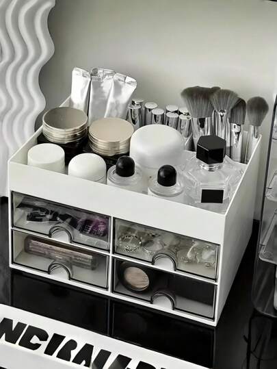 1pc Transparent Makeup Organizer Box, Stationery Storage Drawer, Large Capacity Jewelry Holder, Vanity Tray, Suitable For Storing Face Masks, Lipsticks, Makeup Brushes, Skincare Products, Pens, Home Decor, Bathroom Accessories