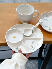1pc Ceramic Divided Plate, Delicate Embossed Flower Snack Plate, Household Appetizer Tray, Stylish Daisy Design Plate Christmas Gift