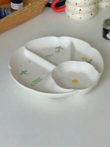 1pc Ceramic Divided Plate, Delicate Embossed Flower Snack Plate, Household Appetizer Tray, Stylish Daisy Design Plate Christmas Gift