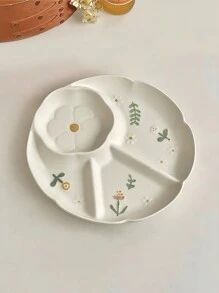 1pc Ceramic Divided Plate, Delicate Embossed Flower Snack Plate, Household Appetizer Tray, Stylish Daisy Design Plate Christmas Gift