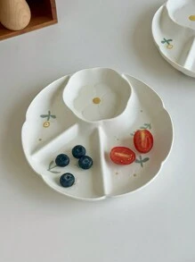 1pc Ceramic Divided Plate, Delicate Embossed Flower Snack Plate, Household Appetizer Tray, Stylish Daisy Design Plate Christmas Gift