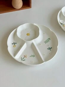 1pc Ceramic Divided Plate, Delicate Embossed Flower Snack Plate, Household Appetizer Tray, Stylish Daisy Design Plate Christmas Gift