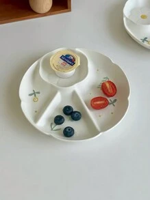 1pc Ceramic Divided Plate, Delicate Embossed Flower Snack Plate, Household Appetizer Tray, Stylish Daisy Design Plate Christmas Gift