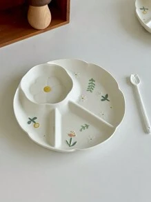 1pc Ceramic Divided Plate, Delicate Embossed Flower Snack Plate, Household Appetizer Tray, Stylish Daisy Design Plate Christmas Gift