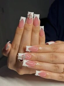 Bộ 24 miếng dán móng tay vuông kiểu Pháp 3D phong cách Y2K, thiết kế đính đá 3D bằng hợp kim, bao gồm 1 lọ sơn gel và 1 dũa móng, dễ sử dụng, phù hợp cho phụ nữ đi làm hàng ngày, các lễ hội và tiệc tùng. - Nhiều màu - Xem 1