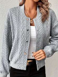 Women Casual Solid Color Loose Fit Minimalist Baseball Jacket, Dropped Shoulder Style, Spring & Autumn - Grey - View 1