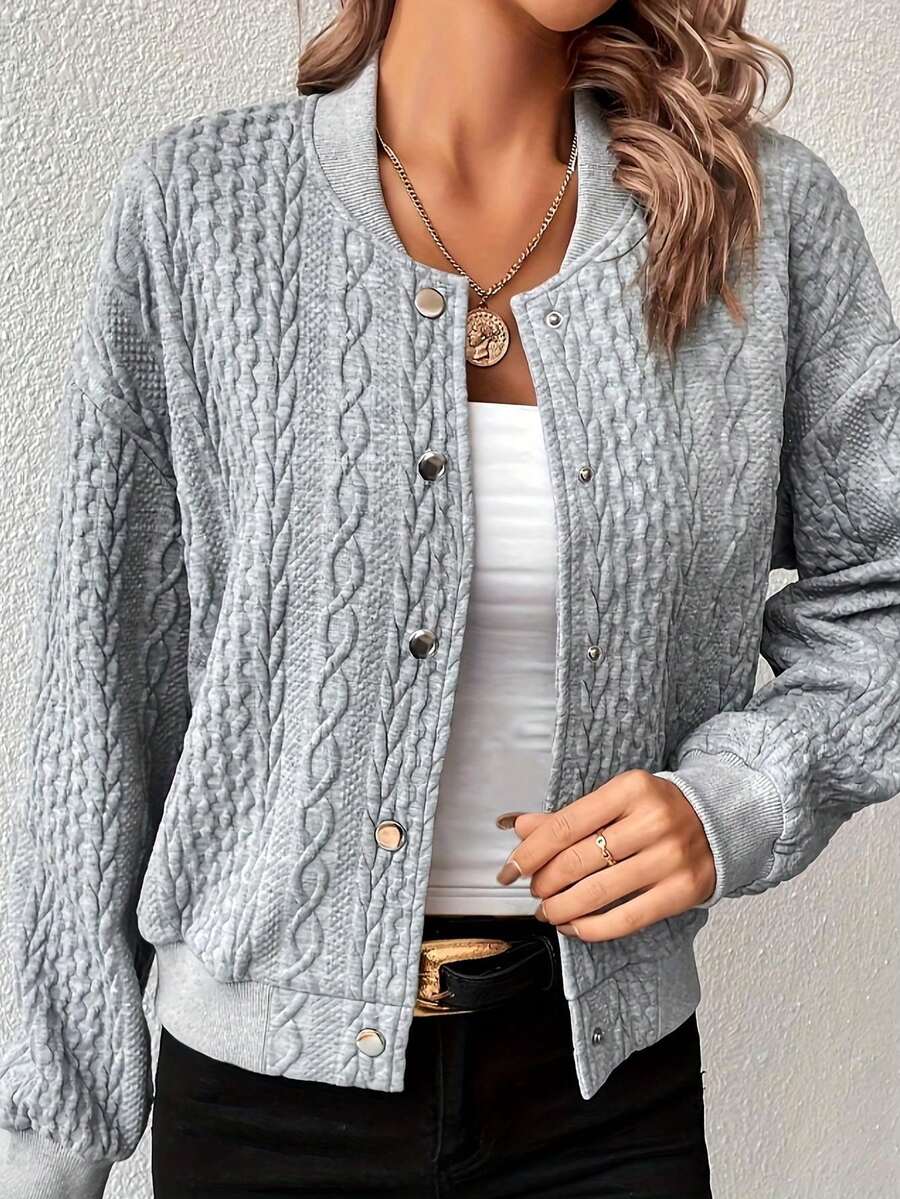 Women Casual Solid Color Loose Fit Minimalist Baseball Jacket, Dropped Shoulder Style, Spring & Autumn - Grey - View 1