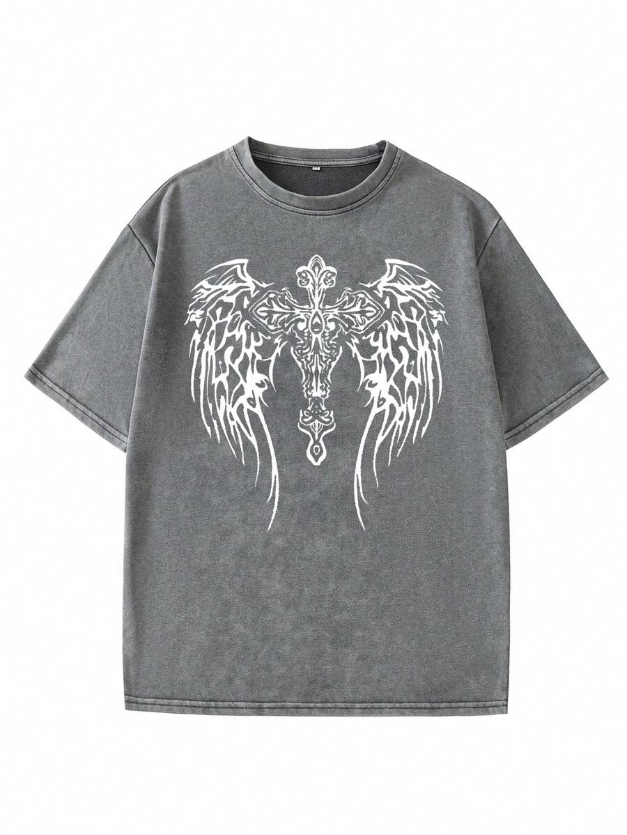 Hemo 男士休闲做旧水洗圆领落肩翅膀印花T恤，夏季款 - 灰色 - 查看 1