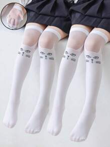 2對/組女童可愛的狐狸和貓圖案透明膝高襪,具有網狀和玻璃纖維細節,透氣性和親膚性適合日常穿著 - 白色 - 查看 12