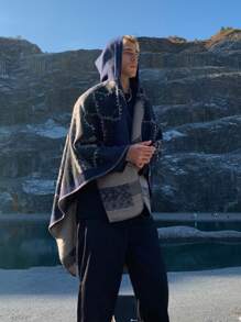 1pc Geometric Pattern Acrylic Hooded/Hoodless Cape Poncho, Fashionable Loose Fit Versatile Cloak For Spring, Summer, Autumn & Winter