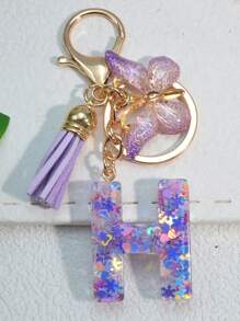 1个字母雪花树脂钥匙扣，女士包包挂饰，蝴蝶流苏礼品，汽车配件，书包配件，带证件夹的挂绳，汽车配件，包包挂饰，送给母亲、父亲、毕业生和老师的礼物 - 紫色 - 查看 16