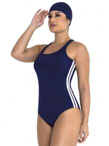 Águas Claras Women's Swimming Swimsuit Without Cup Wide Strap Plus Suplex Gift Sports Cap Sleeveless Athletic Swimsuit In Solid Color Summer Beachwear Adjusts To The Body - Màu xanh hải quân - Xem 3