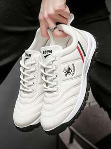 Zapatillas de tenis casuales para hombres, suela antideslizante de color sólido con cordones Zapatillas para correr en pareja - Blanco - Ver 8