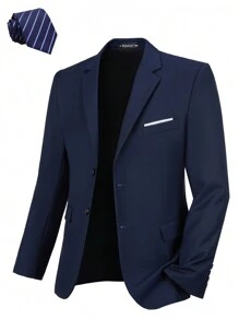 Furuyal 男士两件套西装外套，纯色西装外套领带套装，长袖，双排扣修身款/单排扣款，适合旅行、婚礼、派对、商务、舞会等场合，藏蓝色，尺码 XS-3XL