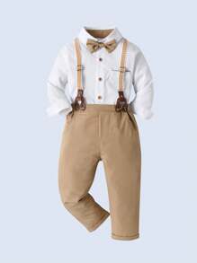 BOARNSEORL 2pcs Young Boys Gentleman Outfit - White Long Sleeve Shirt With Bow Tie And Khaki Suspender Pants, Fashionable And Stylish For Birthday Party, Wedding, Anniversary Celebration