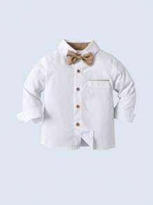 BOARNSEORL 2pcs Young Boys Gentleman Outfit - White Long Sleeve Shirt With Bow Tie And Khaki Suspender Pants, Fashionable And Stylish For Birthday Party, Wedding, Anniversary Celebration