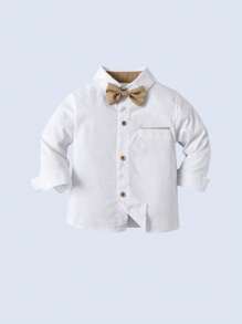 BOARNSEORL 2pcs Young Boys Gentleman Outfit - White Long Sleeve Shirt With Bow Tie And Khaki Suspender Pants, Fashionable And Stylish For Birthday Party, Wedding, Anniversary Celebration