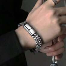Pulsera de acero inoxidable para hombre, trenzada con cadena cuadrada positiva y negativa con cierre magnético, joyería de pulsera de regalo de vacaciones, favorita del hombre