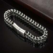 Pulsera de acero inoxidable para hombre, trenzada con cadena cuadrada positiva y negativa con cierre magnético, joyería de pulsera de regalo de vacaciones, favorita del hombre