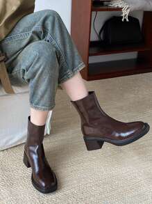 女士 2024 春秋中跟踝靴复古粗跟靴，适合搭配开衫、复古切尔西靴、时尚搭配毛衣、方头修身靴 - 查看 6