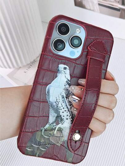 Apple Eagle Falcon Hot Stamping Phone Case Wine Red Crocodile Leather Hand Strap Phone Back Cover Compatible With IPhone 11 12 13 14 15 Pro Max Waterproof Shockproof Anti-Fall Scratch Resistant
