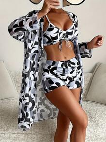 3 paquetes Conjunto De Bikini Impreso Tropical De Tres Piezas Para Mujer Sujetador push up & hipster Bottom de bikini & Kimono 3 piezas Bañador,short traje de baño dama