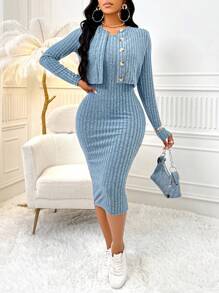 Amarilo Women's Solid Color Casual Button Front Jacket & Solid Halter Neck Bodycon Dress Set Two Pieces - Blue - View 1