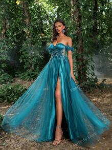 Faeriesty Vestido de gala con aplicación floral en el escote de tul transparente, elegante vestido de fiesta formal para bodas, invitados, graduación, cena