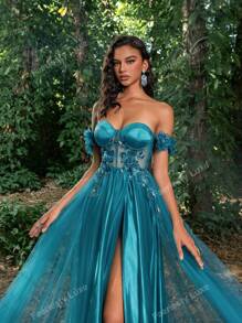Faeriesty Vestido de gala con aplicación floral en el escote de tul transparente, elegante vestido de fiesta formal para bodas, invitados, graduación, cena